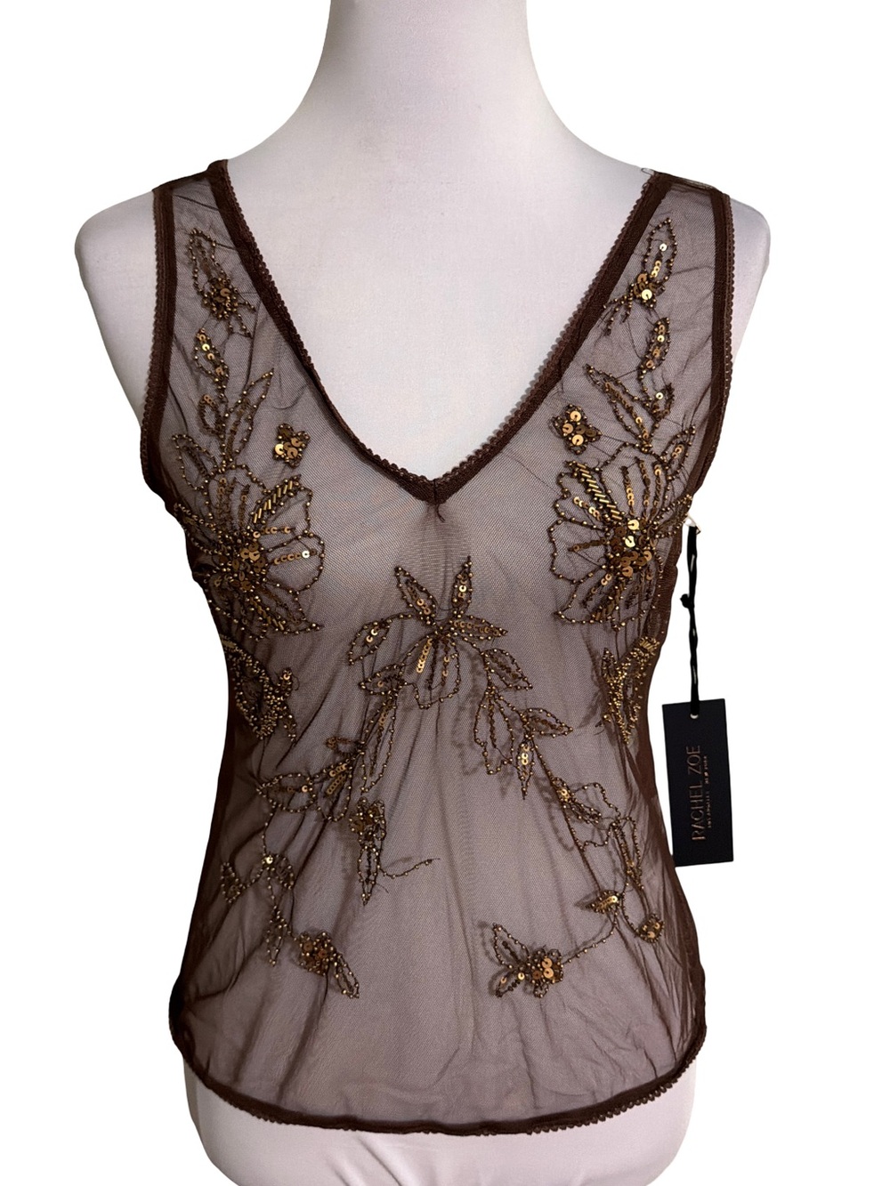 Rachel Zoe Brown Sheer Beaded Floral Tank